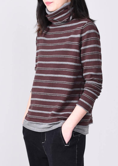 women khaki striped knitted tops oversized high neck knit sweater long sleeve - SooLinen