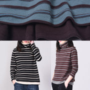 women khaki striped knitted tops oversized high neck knit sweater long sleeve - SooLinen