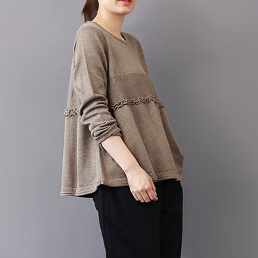 Frauen Khaki Pullover Herbst Mode Patchwork Pullover Vintage Rüschen Herbst Bluse
