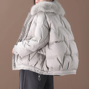 women light gray down jacket oversize down jacket fur collar drawstring Luxury coats - SooLinen