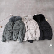women light gray down jacket oversize down jacket fur collar drawstring Luxury coats - SooLinen