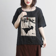 women linen blouse Loose fitting Casual Stripe Short Sleeve High-low Hem Embroidery Tops
