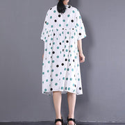 women linen shift dress oversized Loose Short Sleeve Dots Printed White Pleated Dress