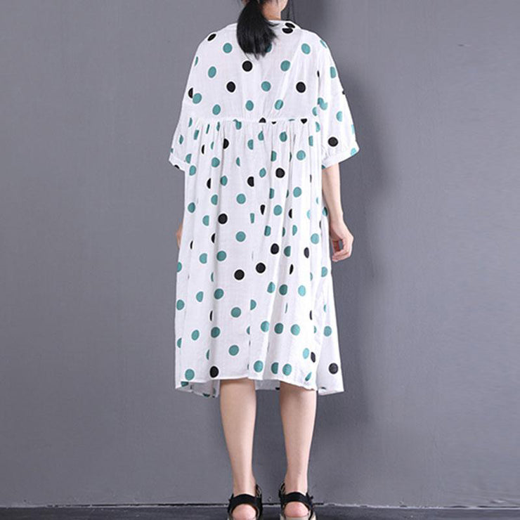 Etuikleid aus Leinen für Damen, übergroßes, lockeres, kurzärmliges, weißes, plissiertes Kleid mit Punkten