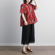 women linen tops Loose fitting Round Neck Casual Summer Short Sleeve Floral Red Blouse