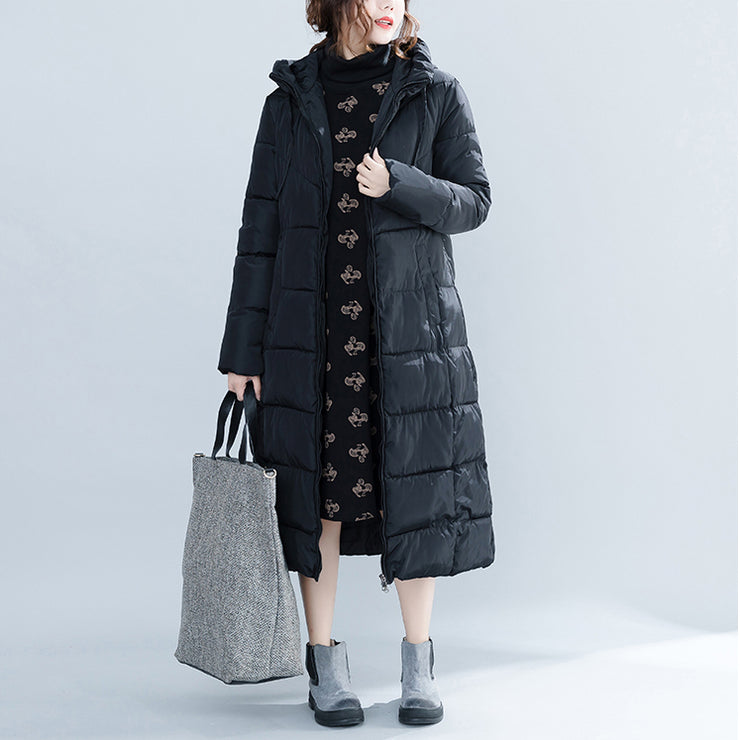 Frauen neue schwarze trendige plus Größe Steppmantel mit Kapuze Frauentaschen Baumwollmäntel mit Reißverschluss