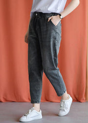 women new fall black gray cotton loose pants casual elastic waist jeans - SooLinen