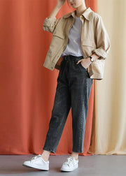 women new fall black gray cotton loose pants casual elastic waist jeans - SooLinen