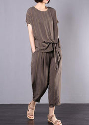 women new gray cotton linen loose clothes vintage short sleeve two pieces - SooLinen