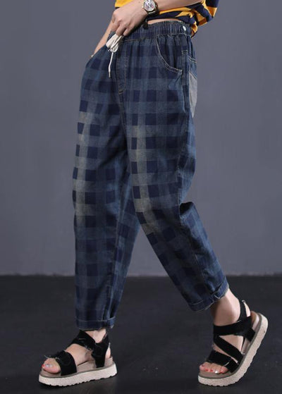 women new navy plaid cotton casual pant vintage elastic waist pants - SooLinen
