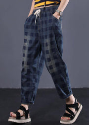 women new navy plaid cotton casual pant vintage elastic waist pants - SooLinen
