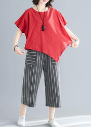women new red casual asymmetric hem tops and striped crop pants - SooLinen