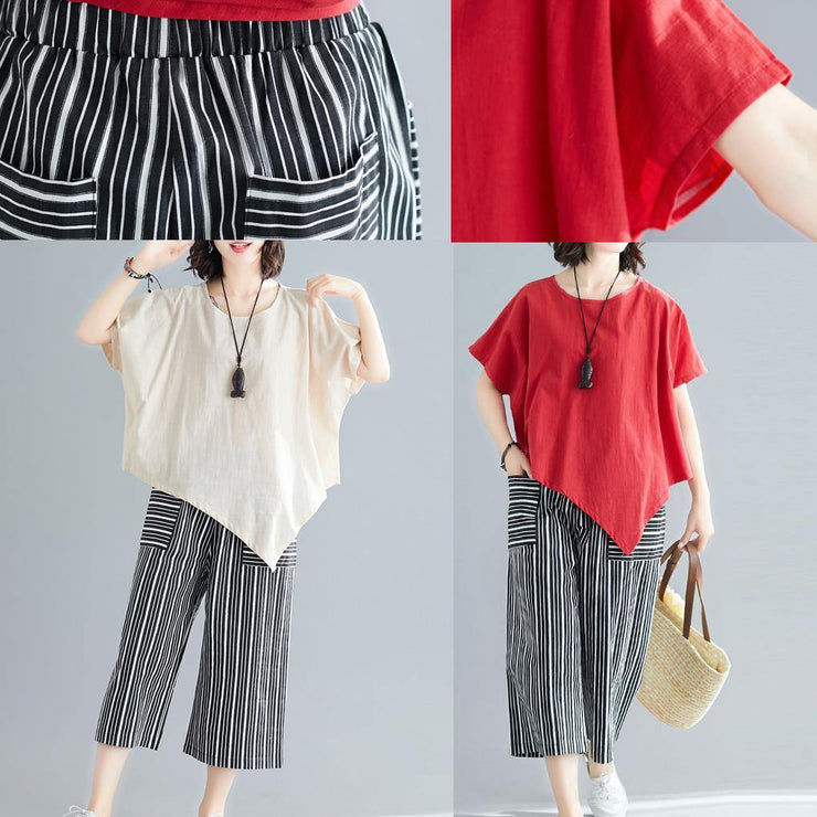 women new red casual asymmetric hem tops and striped crop pants - SooLinen