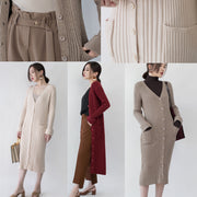 Frauen nackter Wintermantel plus Größe V-Ausschnitt langer Mantel Neue Taschen Strickjacke Mäntel