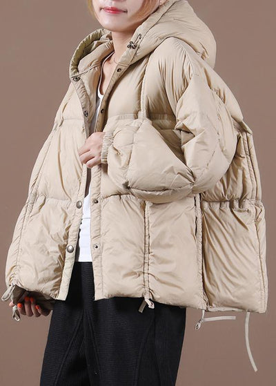 women nude warm winter coat Loose fitting down jacket hooded Button Down overcoat - SooLinen