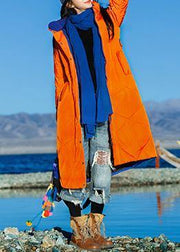 women orange down coat winter casual hooded womens parka side open zippered women winter outwear - SooLinen
