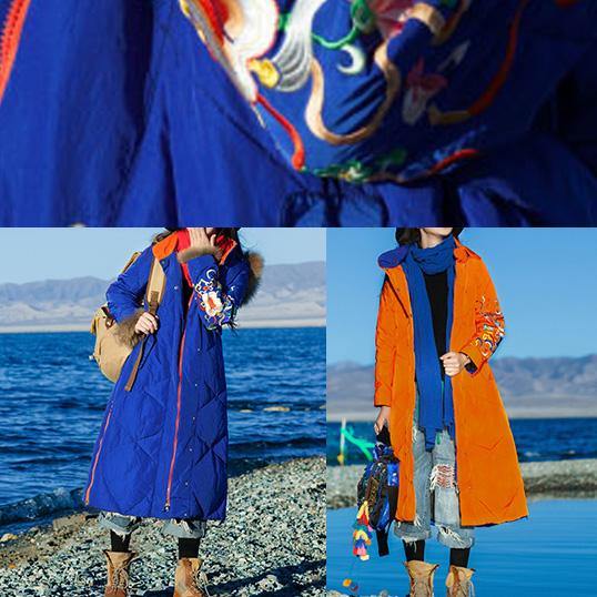 women orange down coat winter casual hooded womens parka side open zippered women winter outwear - SooLinen