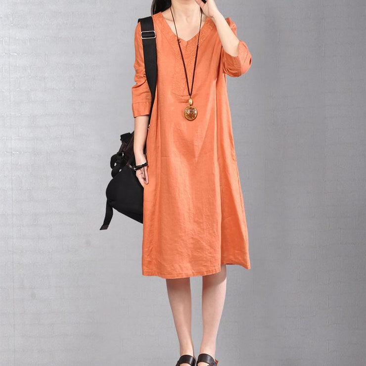Frauen orange Leinenkleider plus Größenkleidung Reisekleidung 2018 Armband mit Ärmeln O-Ausschnitt Baumwollkleidung