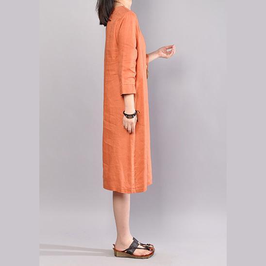 women orange linen dresses plus size clothing traveling clothing 2018 bracelet sleeved o neck cotton clothing