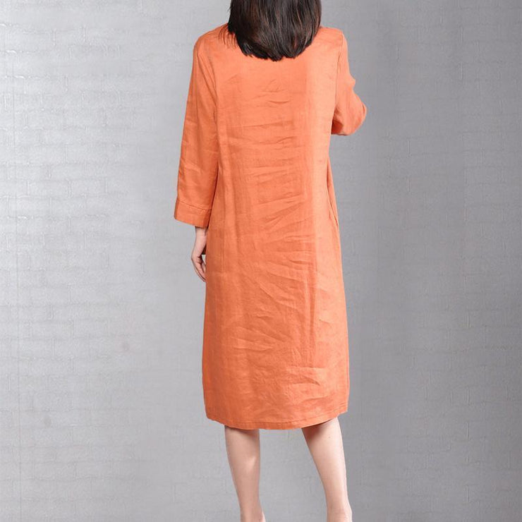 Frauen orange Leinenkleider plus Größenkleidung Reisekleidung 2018 Armband mit Ärmeln O-Ausschnitt Baumwollkleidung
