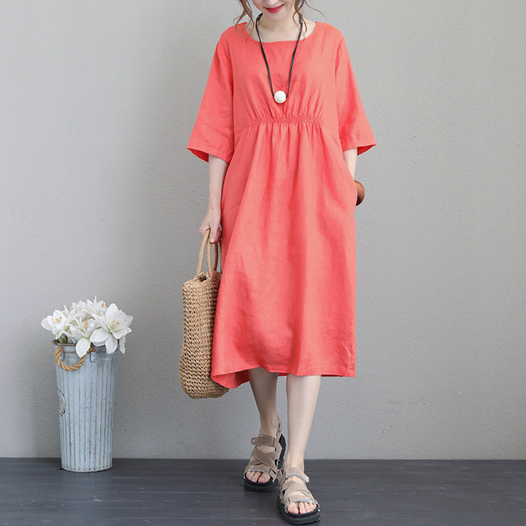 women orange red linen dresses plus size tunic linen clothing dresses boutique bracelet sleeved gown