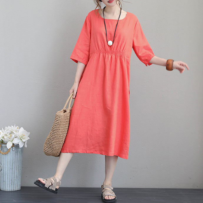 Frauen orange rote Leinenkleider plus Größe Tunika Leinenkleidung Kleider Boutique Armband Ärmelkleid