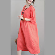 women orange red linen dresses plus size tunic linen clothing dresses boutique bracelet sleeved gown