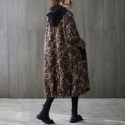 women oversize winter coats chocolate print hooded pockets coats - SooLinen