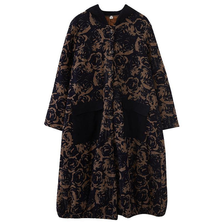 women oversize winter coats chocolate print hooded pockets coats - SooLinen