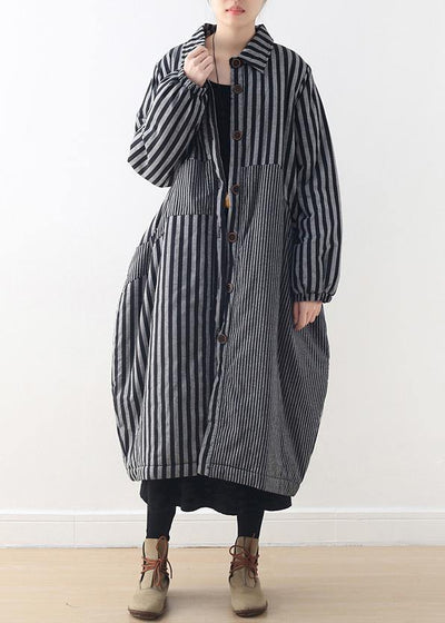 women oversize winter jacket POLO collar outwear gray striped patchwork thick women parka - SooLinen