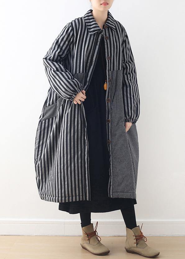 women oversize winter jacket POLO collar outwear gray striped patchwork thick women parka - SooLinen