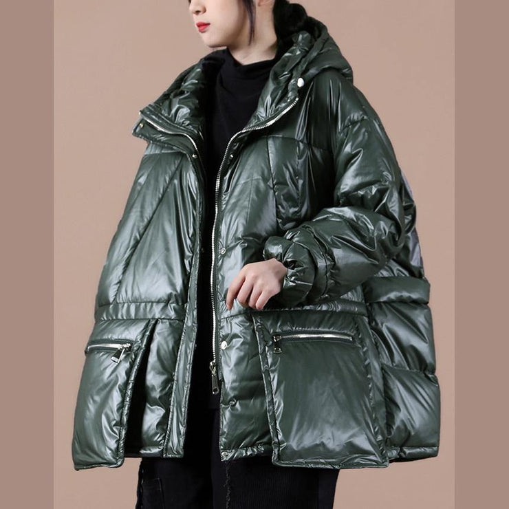 women oversize winter jacket coats blackish green hooded zippered down coat - SooLinen
