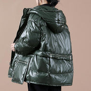 women oversize winter jacket coats blackish green hooded zippered down coat - SooLinen