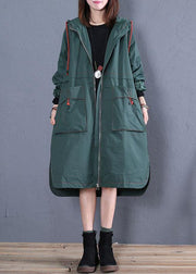 women oversized maxi coat fall green side open hooded Coats - SooLinen