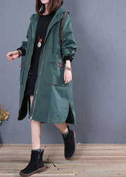 women oversized maxi coat fall green side open hooded Coats - SooLinen