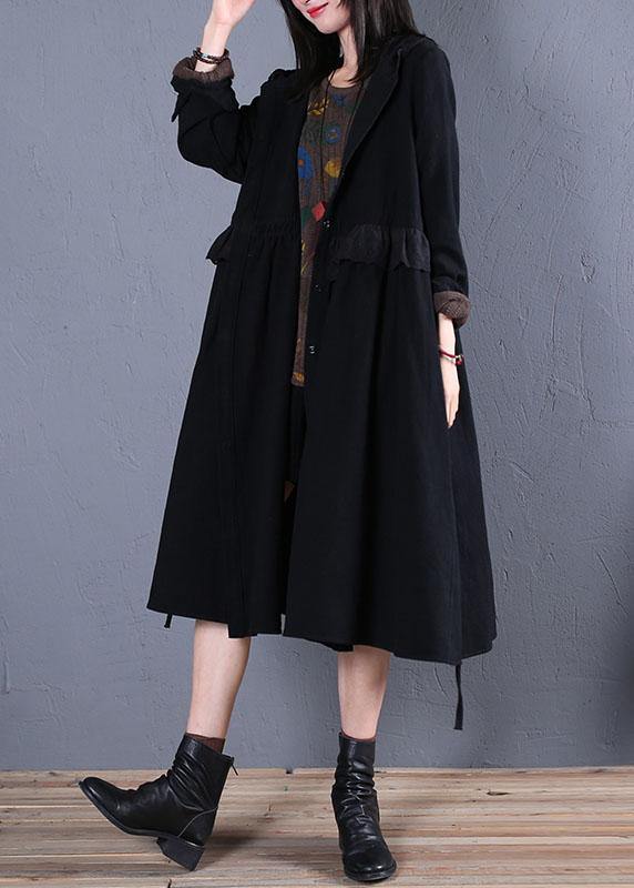 women oversized trench coat fall black hooded ruffles overcoat - SooLinen