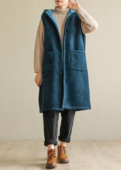 women oversized winter jacket sleeveless outwear blue hooded coat - SooLinen