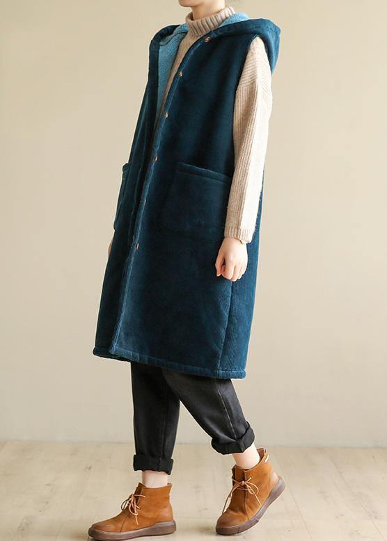 women oversized winter jacket sleeveless outwear blue hooded coat - SooLinen