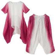 women pink o neck asymmetric tops +elastic waist wide leg pants - SooLinen