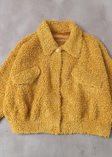 women plus size Coats yellow lapel Button Woolen Coats - SooLinen