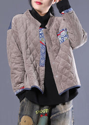 women plus size Jackets overcoat gray patchwork blue stand collar parkas - SooLinen