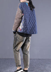 women plus size Jackets overcoat gray patchwork blue stand collar parkas - SooLinen