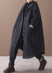 women plus size clothing Jackets & Coats hooded overcoat denim black two pockets Parkas for women - SooLinen