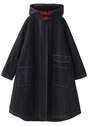 women plus size clothing Jackets & Coats hooded overcoat denim black two pockets Parkas for women - SooLinen