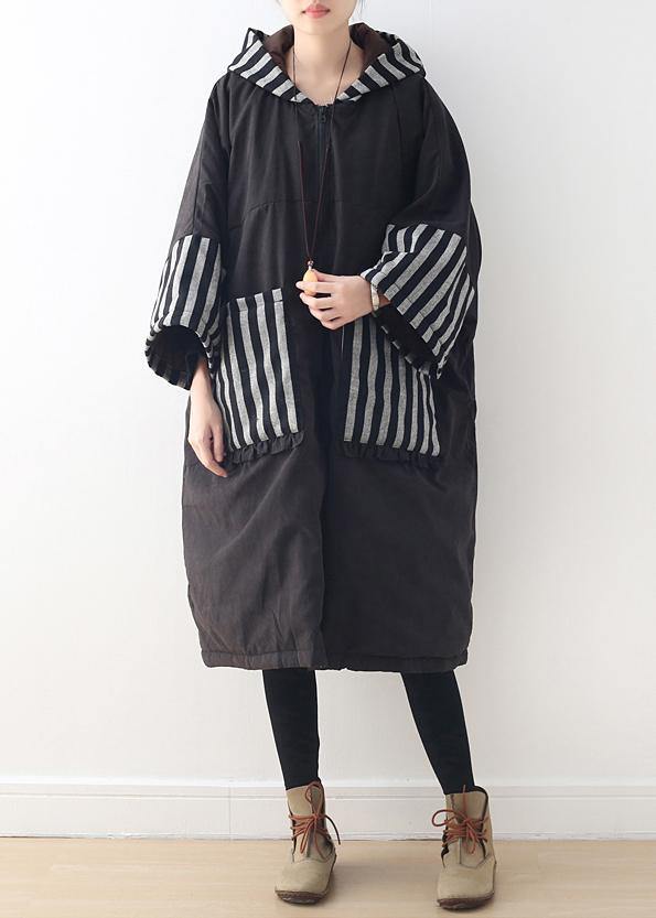 women plus size clothing warm winter coat hooded outwear black patchwork coats - SooLinen