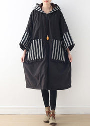 women plus size clothing warm winter coat hooded outwear black patchwork coats - SooLinen