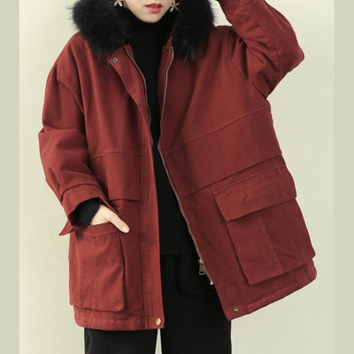 women plus size clothing winter jacket outwear red hooded faux fur collar overcoat - SooLinen