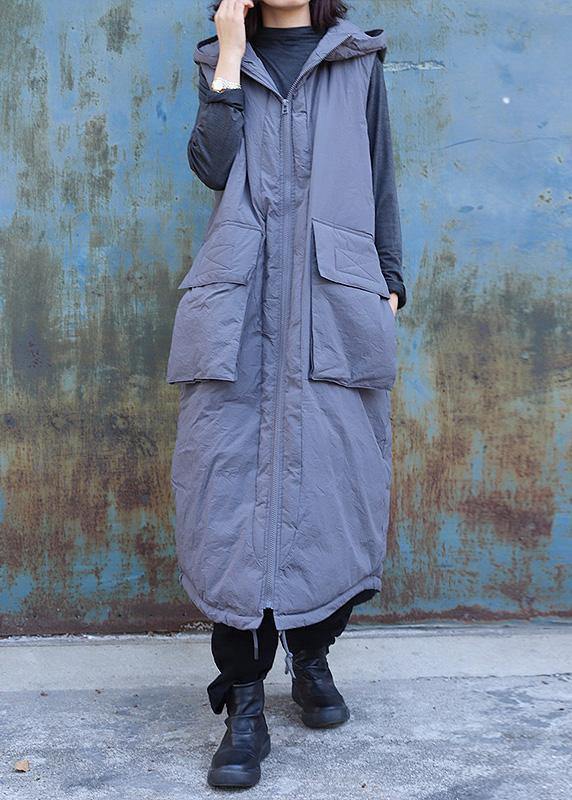 women plus size clothing winter jacket stand collar coats dark gray hooded sleeveless coats - SooLinen
