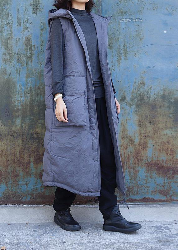 women plus size clothing winter jacket stand collar coats dark gray hooded sleeveless coats - SooLinen