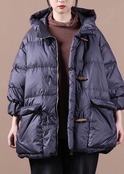 women plus size down jacket black hooded pockets goose Down coat - SooLinen